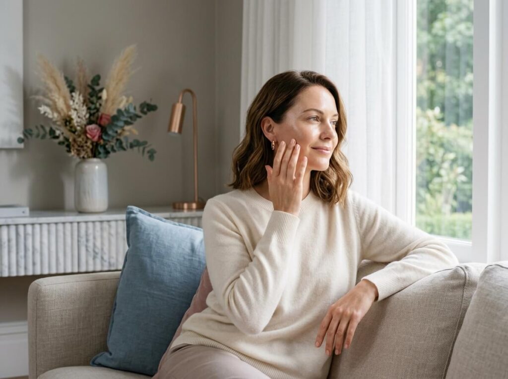 Mulher sorrindo enquanto aplica protetor solar no rosto, demonstrando os cuidados diários para um rejuvenescimento facial natural e prevenção do envelhecimento.