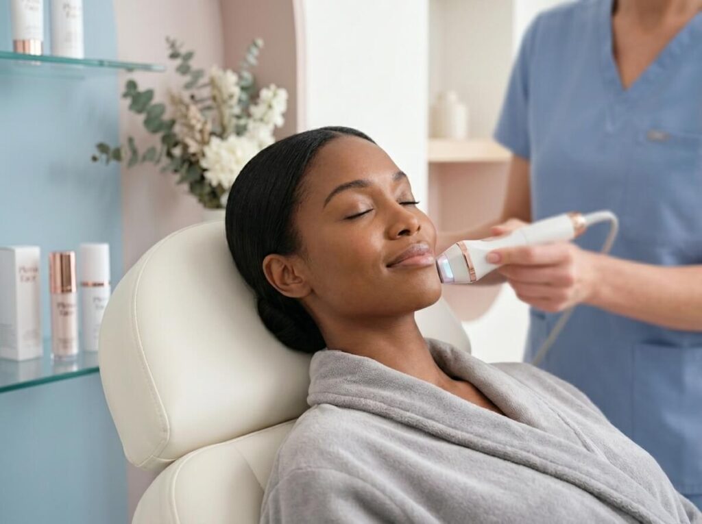 Paciente relaxada em uma sala climatizada e acolhedora durante um procedimento de lifting facial sem cirurgia na Plena Face.
